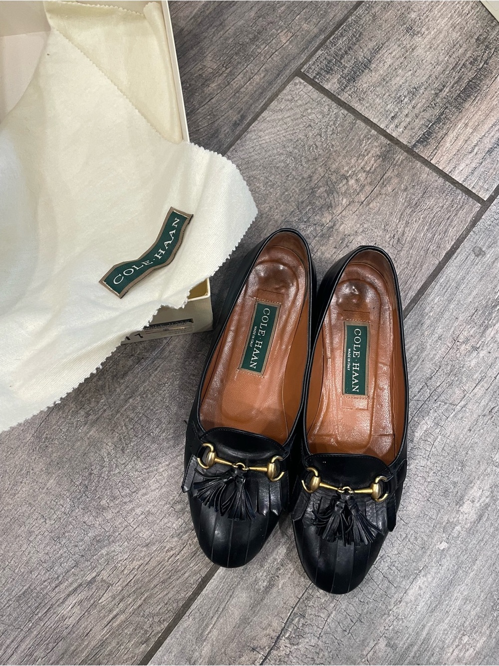 Cole Haan Black Leather Tassel Bit Loafers